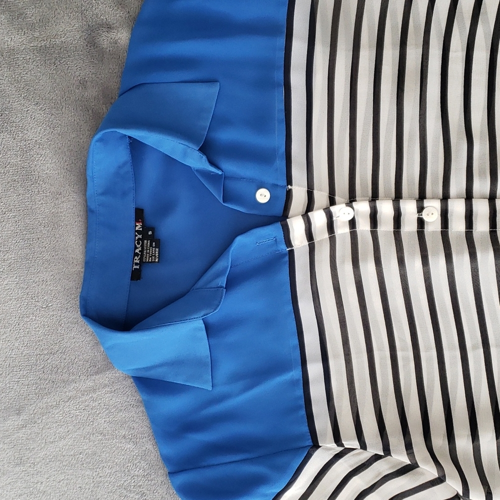 Tracy M. Sheer Colorblock Button-Up Striped High-… - image 2